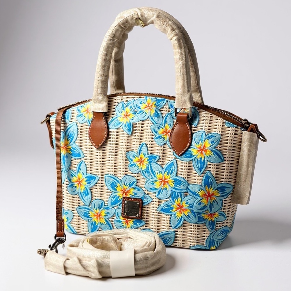 NWT Dooney & Bourke Plumeria Geena Domed Sky Blue Floral Woven Satchel